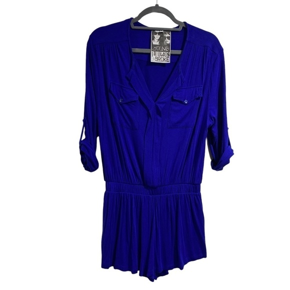 YFB blue romper roll tan sleeves chest pockets elastic waistband stretch - Picture 1 of 6
